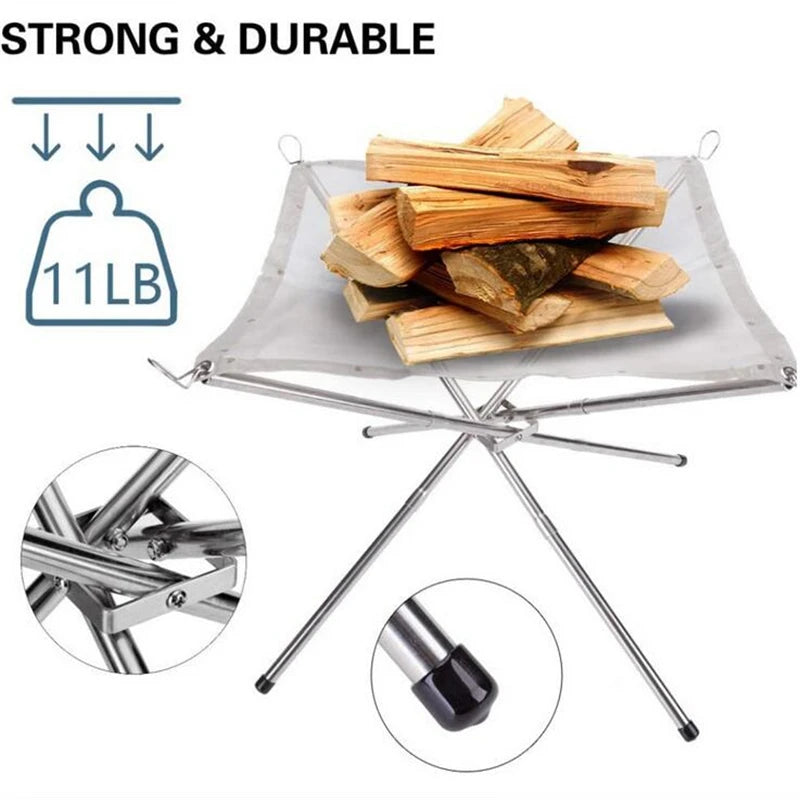Portable Collapsible Fire Pit – Steel Mesh & Stand for Camping, Wood Burning & Backyard Use