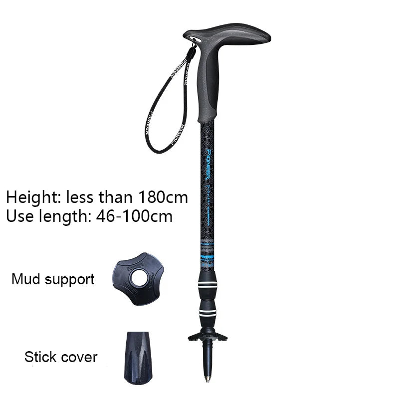 Walking Stick Short Carbon Fibers T-handle 49-100cm Adjustable 3 Section Inner Lock Mountain-climbing Crutch Outdoor Hiking