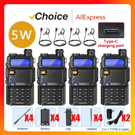 Baofeng UV-5R 4-Pack — Tri-Power 5W, Dual Band, Long Range Walkie Talkie
