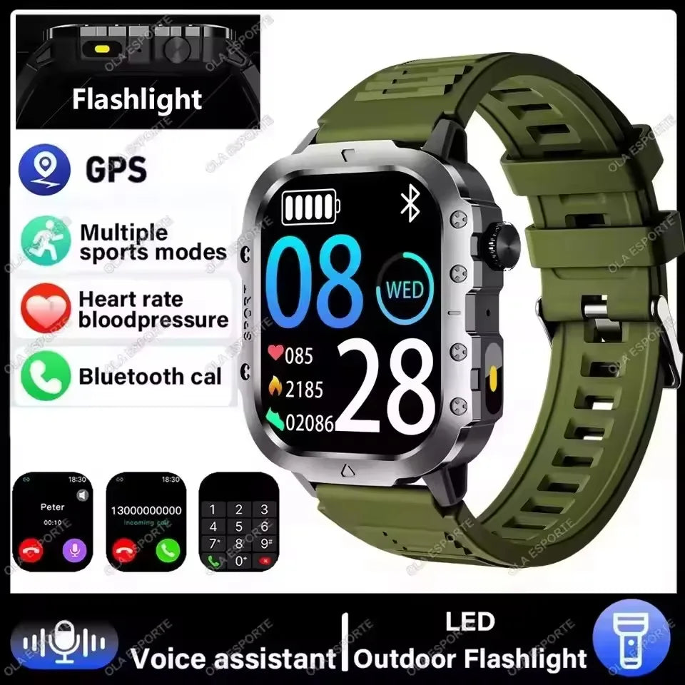 Military GPS Smart Watch – 2.01" AMOLED Bluetooth Call Flashlight 3ATM Waterproof Sports Smartwatch for Men