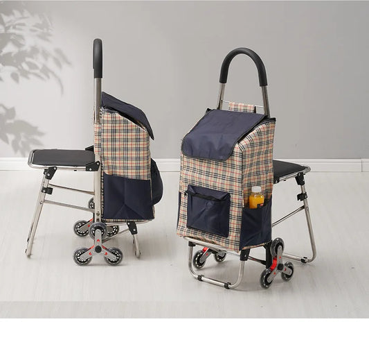 3-Wheel Folding Cart with Seat – Stair Climbing Shopping Trolley for Elderly & Outdoor Use (Gray, Brown, Red)