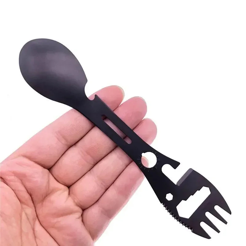 Camping Utensils Set – Stainless Steel 5-in-1 Outdoor Survival Tableware with Fork, Spoon, Knife & Opener for Hiking & Travel