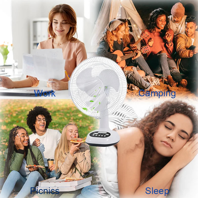 1pcs 12 inch 14400mAh battery capacity portable solar charging fan with 2 bulbs with LED lighting and USB phone charging