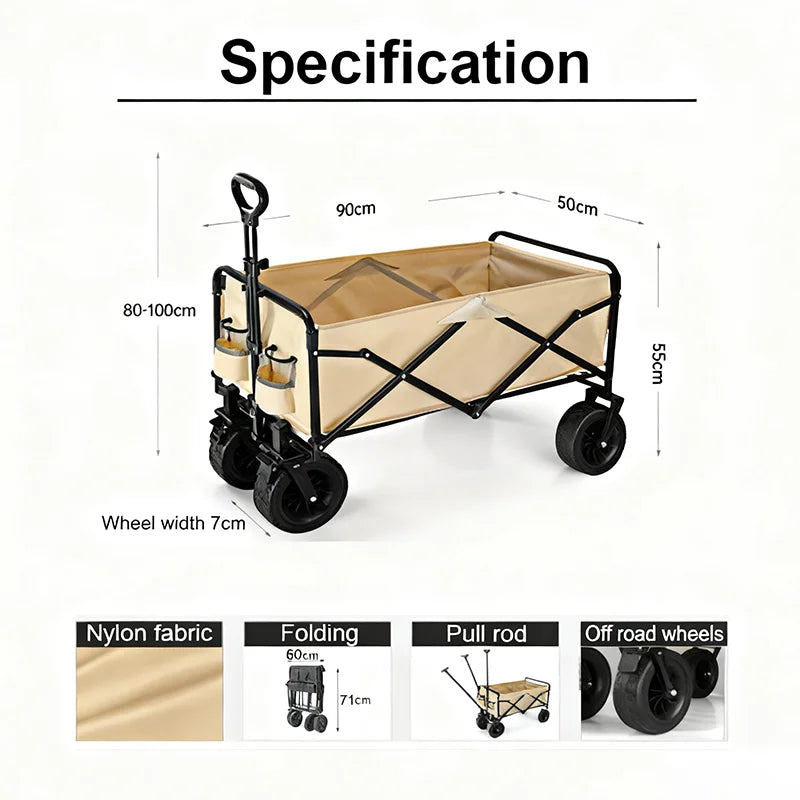 Carro de Jardín Plegable – Carretilla de Mano Resistente de 4 Ruedas para Camping, Playa, Jardín y Compras (Carga de 80-200kg)