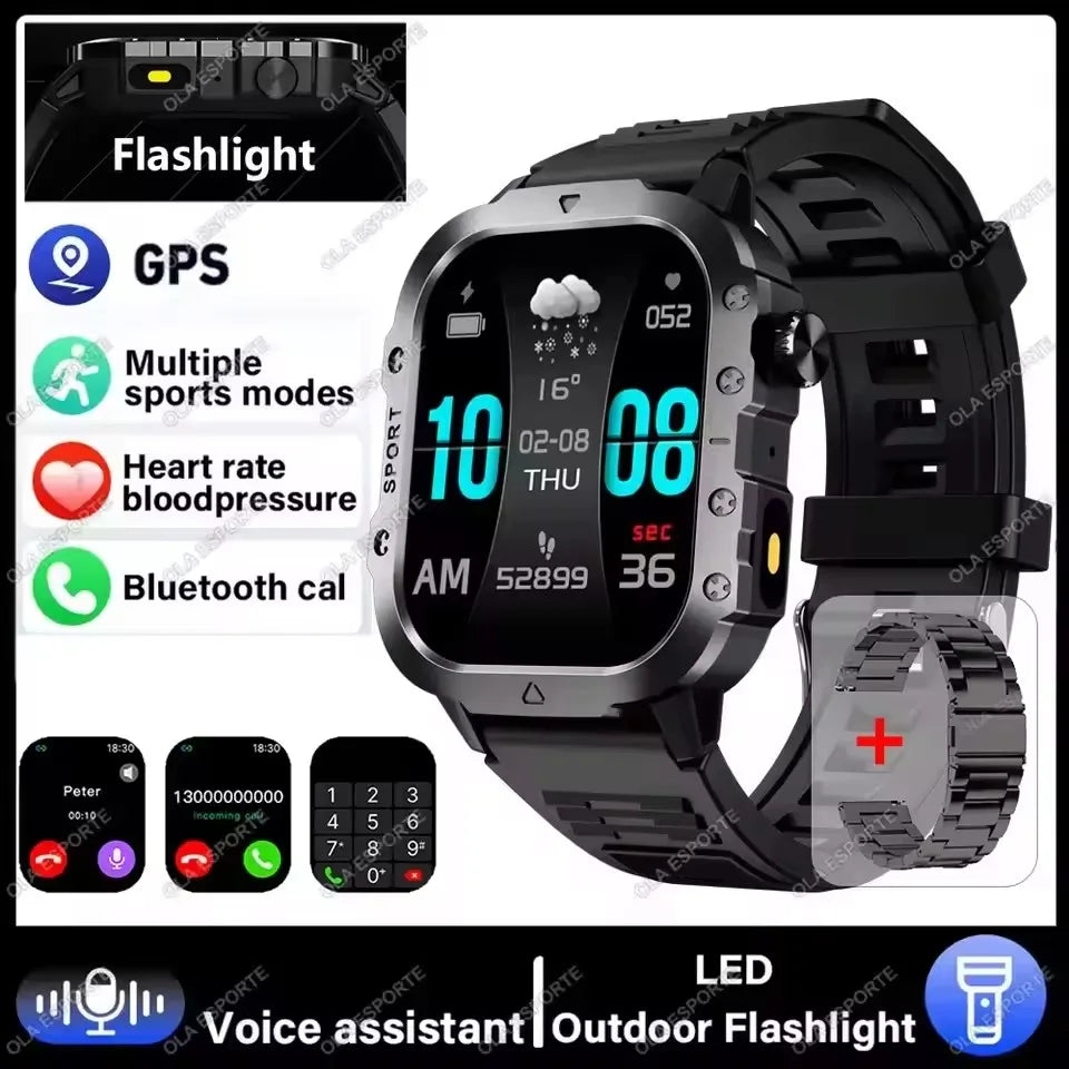 Military GPS Smart Watch – 2.01" AMOLED Bluetooth Call Flashlight 3ATM Waterproof Sports Smartwatch for Men