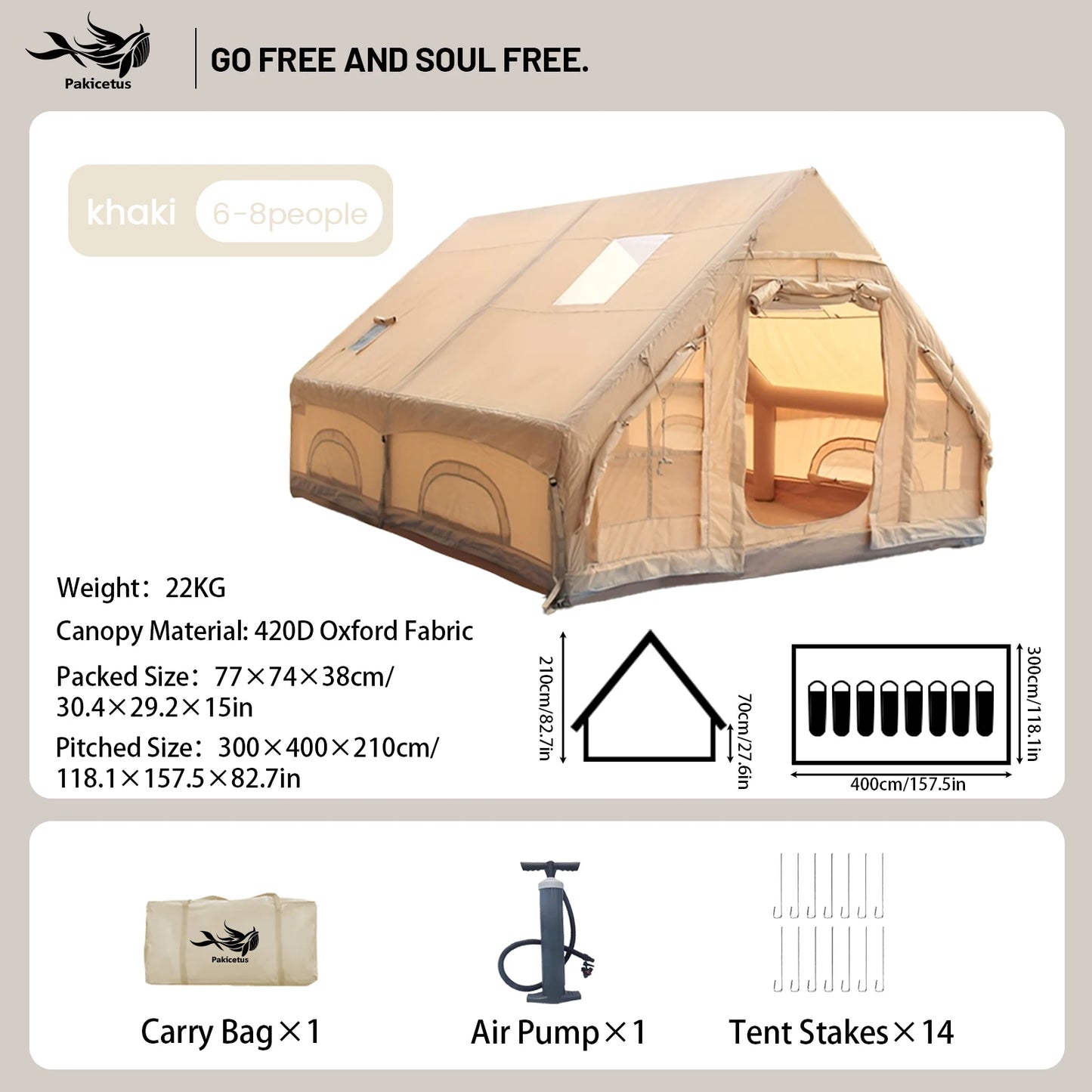 PAKICETUS Inflatable Camping Tent – 4–8 Person All-Season Glamping Shelter with Skylight & Quick 3-Min Setup