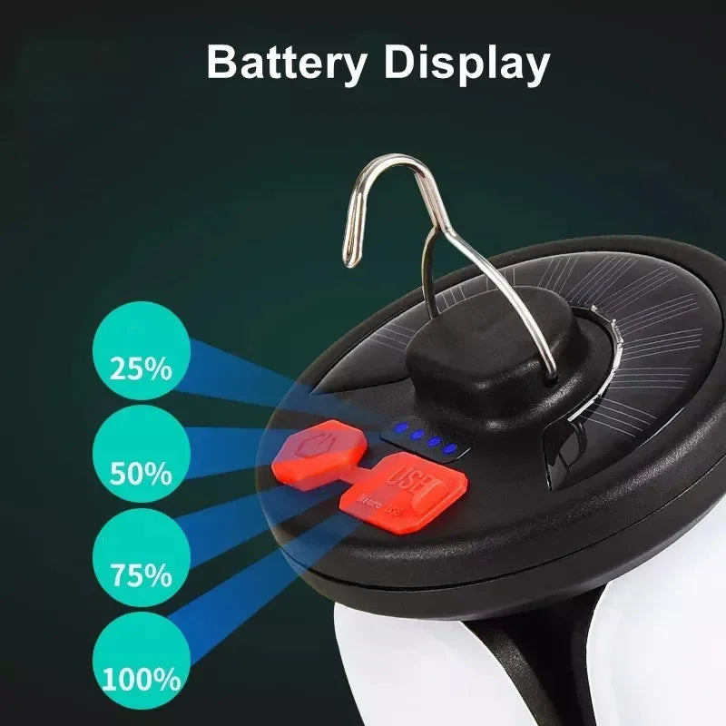 Linterna de camping recargable solar y USB – Luz LED plegable de 500 lúmenes con 6 modos y carga de teléfono para camping y emergencias