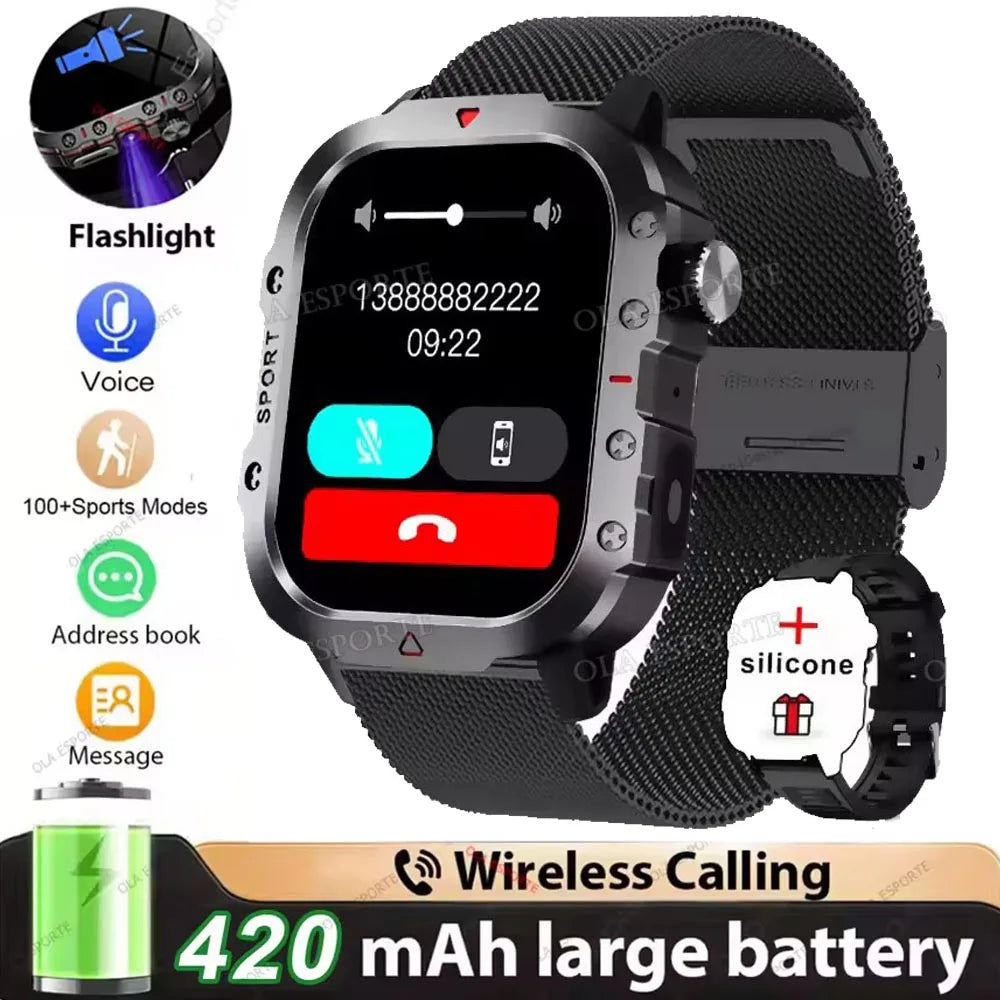 Military Smart Watch – GPS Flashlight 3ATM Waterproof Bluetooth Call 100+ Sport Modes Outdoor Smartwatch for Men