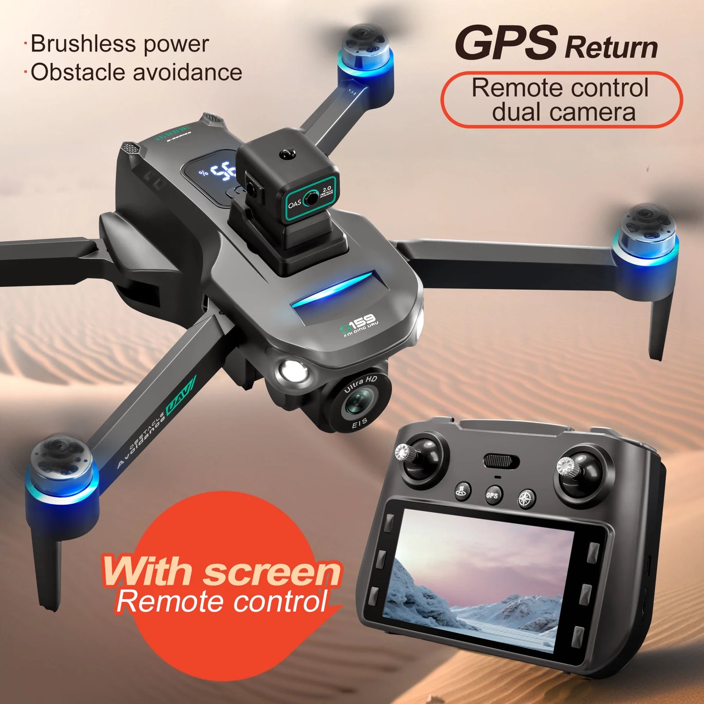 Long-Endurance GPS Drone — 2 Batteries, 45-Min Flight, Dual Camera, 5.9" LCD Remote