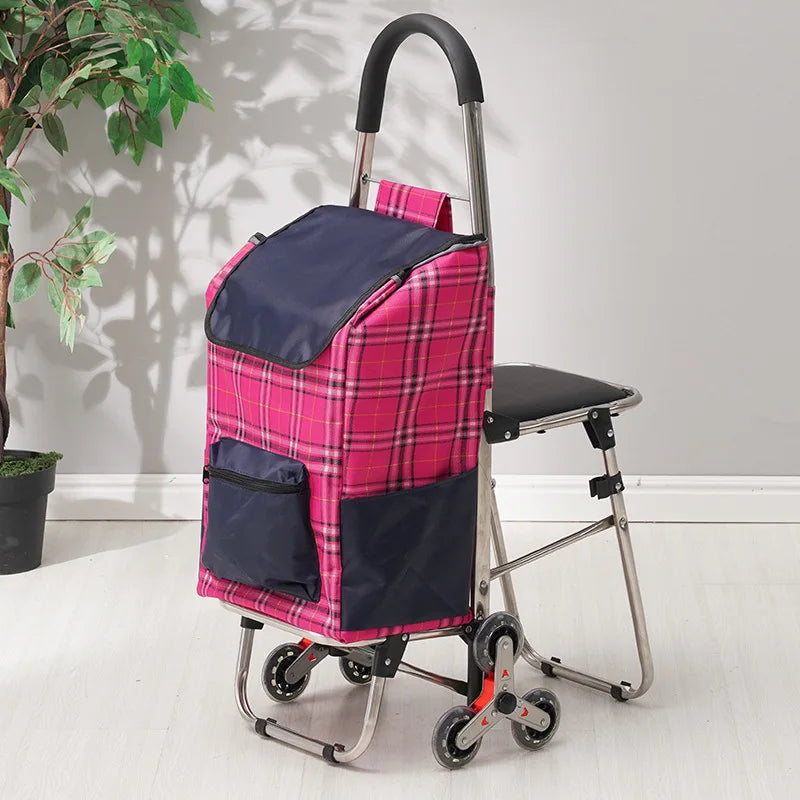 Carrito Plegable de 3 Ruedas con Asiento – Carrito de Compras para Subir Escaleras para Personas Mayores y Uso en Exteriores (Gris, Marrón, Rojo)