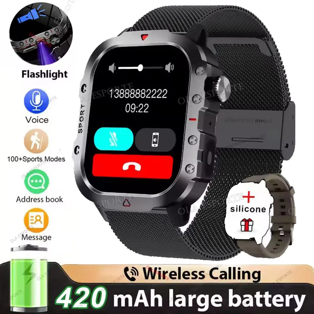 Military Smart Watch – GPS Flashlight 3ATM Waterproof Bluetooth Call 100+ Sport Modes Outdoor Smartwatch for Men