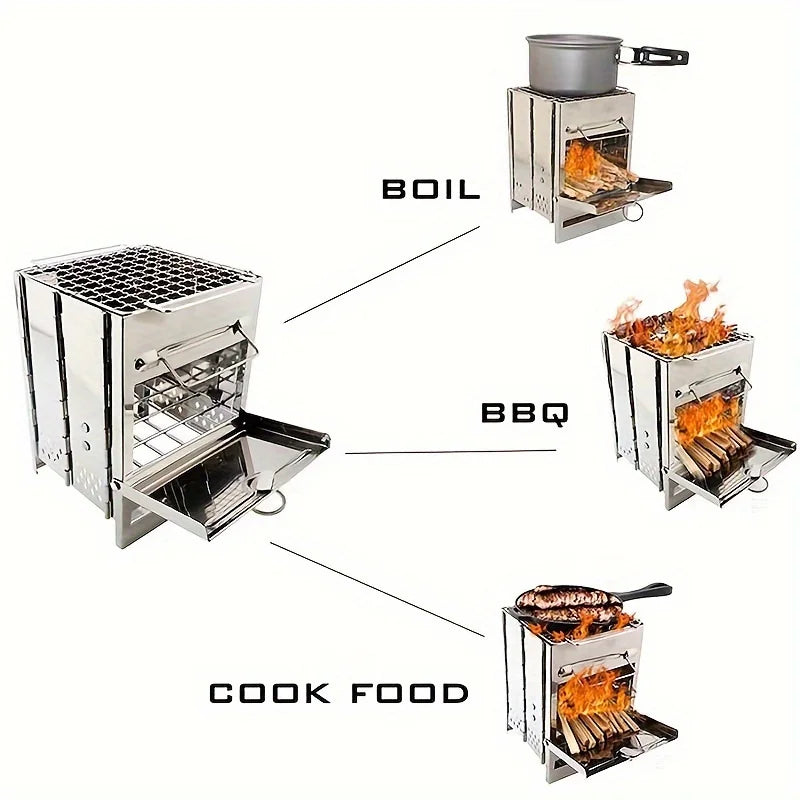Estufa de leña plegable portátil – Estufa de camping de acero inoxidable con parrilla de carbón y fogata para barbacoa