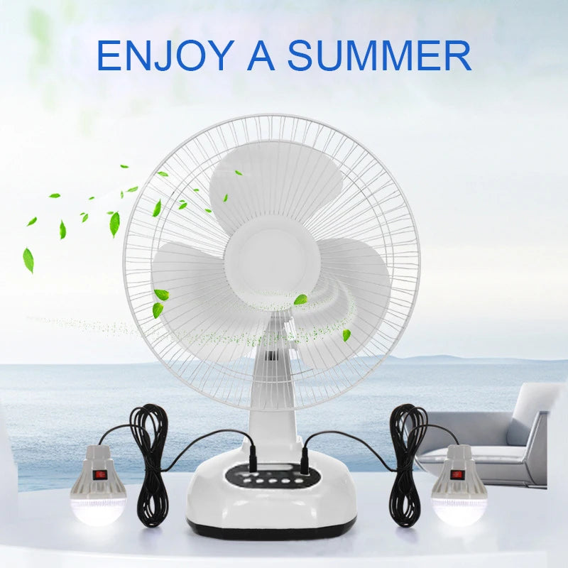 1pcs 12 inch 14400mAh battery capacity portable solar charging fan with 2 bulbs with LED lighting and USB phone charging