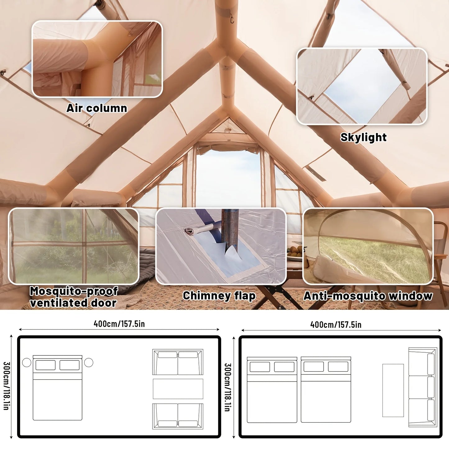 PAKICETUS Inflatable Camping Tent – 4–8 Person All-Season Glamping Shelter with Skylight & Quick 3-Min Setup