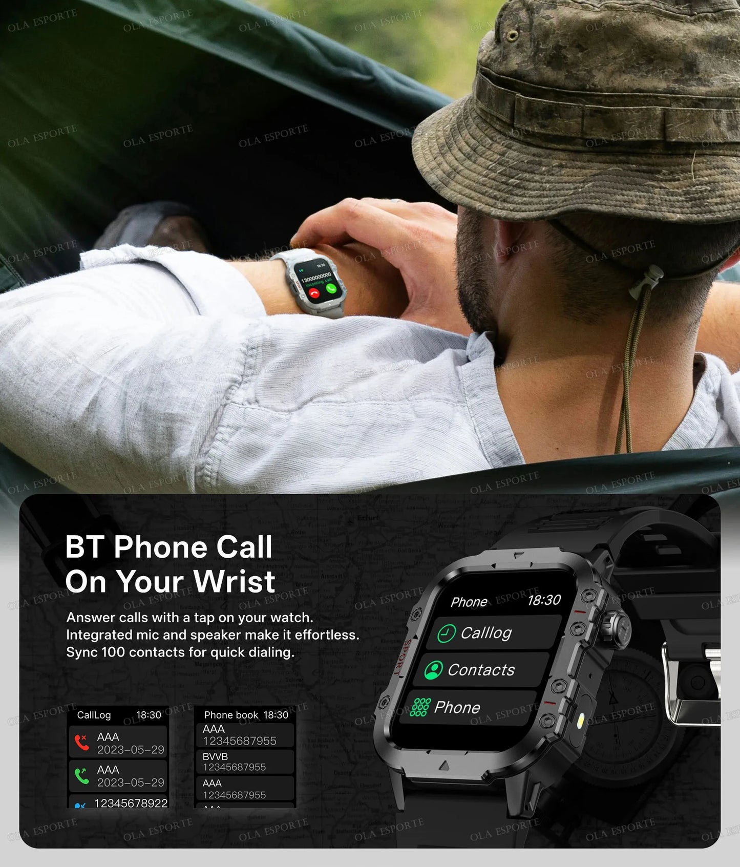 Military Smart Watch – GPS Flashlight 3ATM Waterproof Bluetooth Call 100+ Sport Modes Outdoor Smartwatch for Men