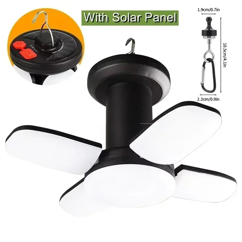 Linterna de camping recargable solar y USB – Luz LED plegable de 500 lúmenes con 6 modos y carga de teléfono para camping y emergencias