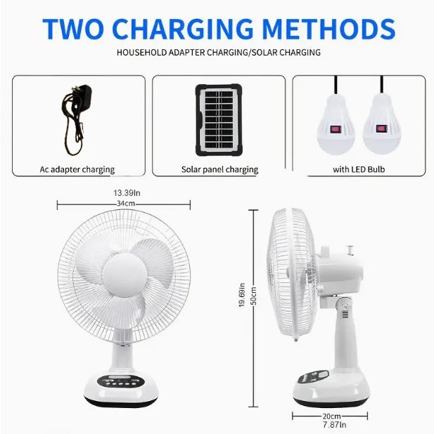 1pcs 12 inch 14400mAh battery capacity portable solar charging fan with 2 bulbs with LED lighting and USB phone charging