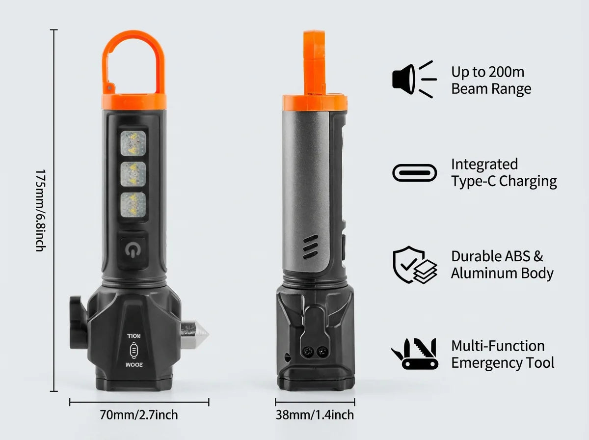 Tactical LED Flashlight – Emergency Defense Torch with Safety Hammer, Seatbelt Cutter & Strobe Mode for Survival & Car Safety