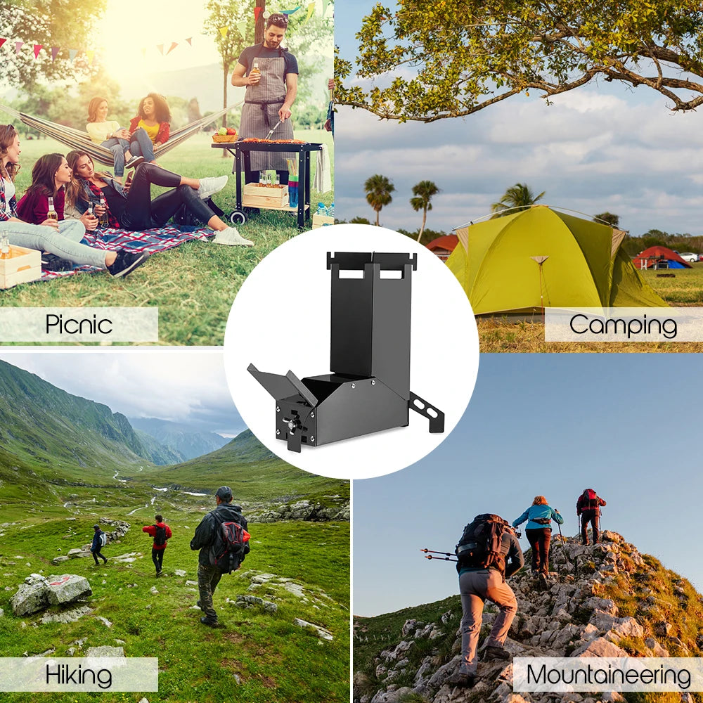Réchaud de camping pliable – Réchaud à bois en acier inoxydable pour la randonnée et la cuisine en extérieur