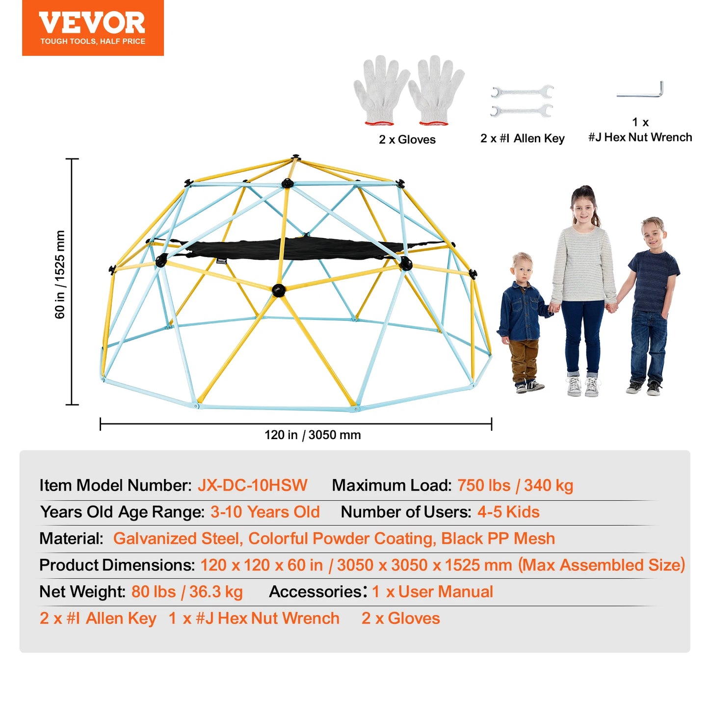 Geometric Climbing Dome — 6/8/10/12 FT, Jungle Gym with Hammock Swing