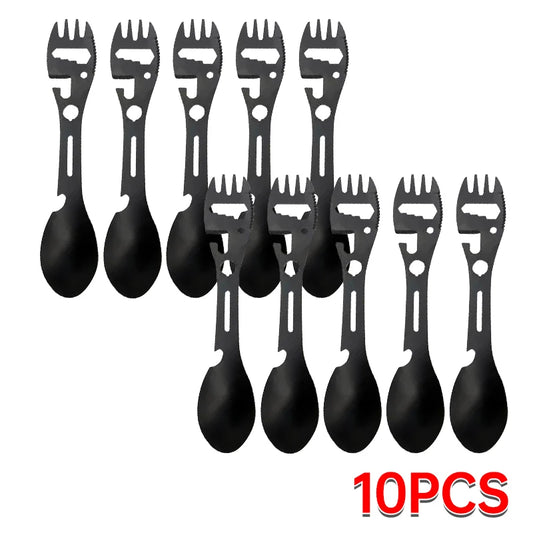Camping Utensils Set – Stainless Steel 5-in-1 Outdoor Survival Tableware with Fork, Spoon, Knife & Opener for Hiking & Travel