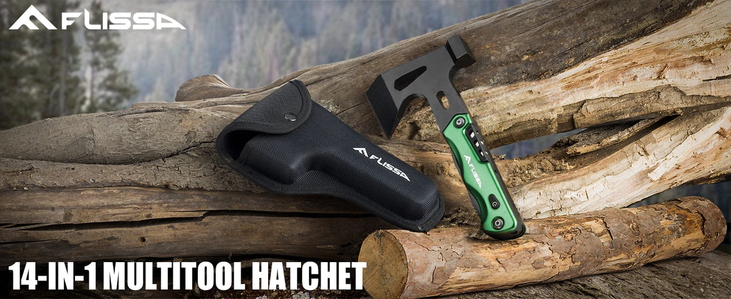 DF Tactical 14-in-1 Camping Axe Multitool – Stainless Steel Hatchet with LED Light for Hiking, EDC & Survival