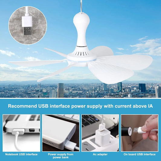 Silent 6-Blade USB Ceiling Canopy Fan – Remote Control, 4-Speed Timing Hanging Fan for Camping, Tent, Bed & Dormitory