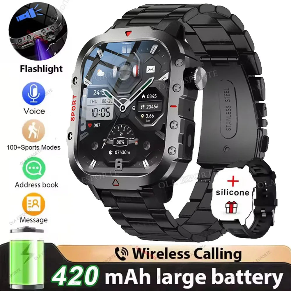 Military Smart Watch – GPS Flashlight 3ATM Waterproof Bluetooth Call 100+ Sport Modes Outdoor Smartwatch for Men