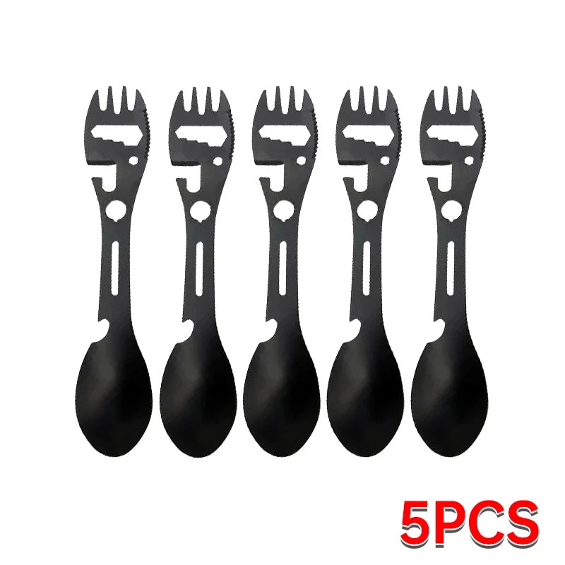 Camping Utensils Set – Stainless Steel 5-in-1 Outdoor Survival Tableware with Fork, Spoon, Knife & Opener for Hiking & Travel