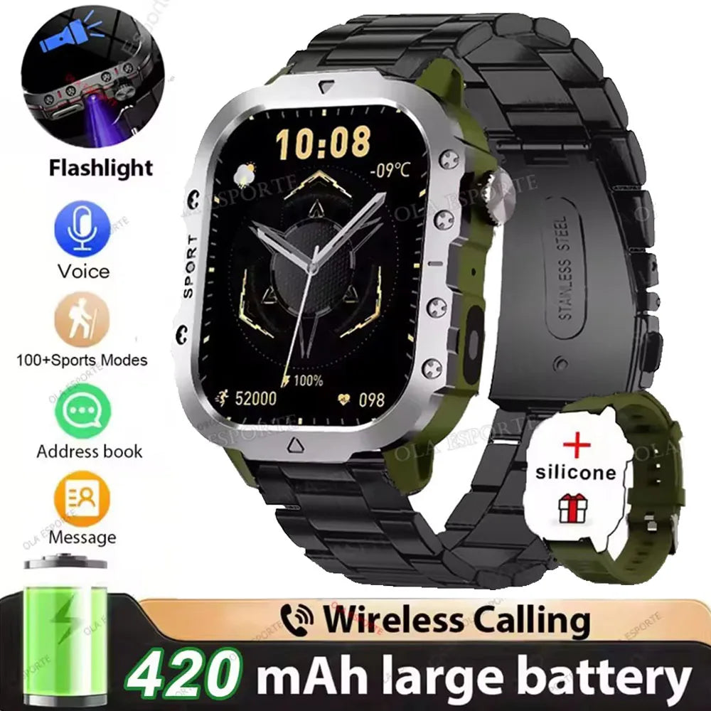 Military Smart Watch – GPS Flashlight 3ATM Waterproof Bluetooth Call 100+ Sport Modes Outdoor Smartwatch for Men