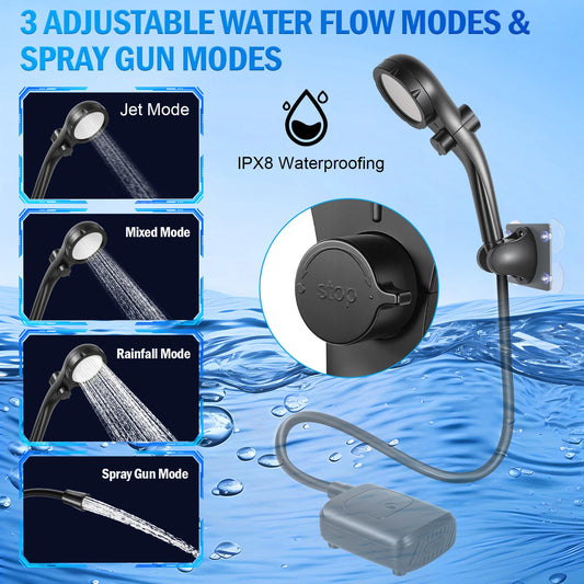 Rechargeable Camping Shower Kit – 2400mAh Battery with LCD Temperature & Power Display for Outdoor Use
