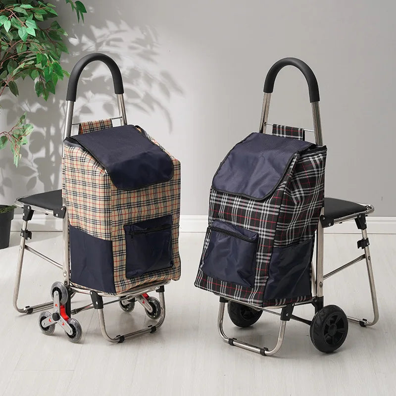 Carrito Plegable de 3 Ruedas con Asiento – Carrito de Compras para Subir Escaleras para Personas Mayores y Uso en Exteriores (Gris, Marrón, Rojo)
