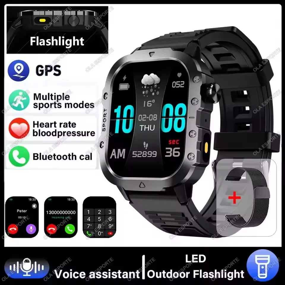 Military GPS Smart Watch – 2.01" AMOLED Bluetooth Call Flashlight 3ATM Waterproof Sports Smartwatch for Men