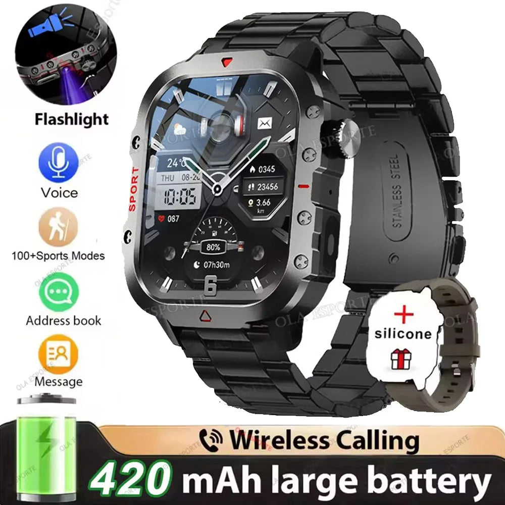Military Smart Watch – GPS Flashlight 3ATM Waterproof Bluetooth Call 100+ Sport Modes Outdoor Smartwatch for Men