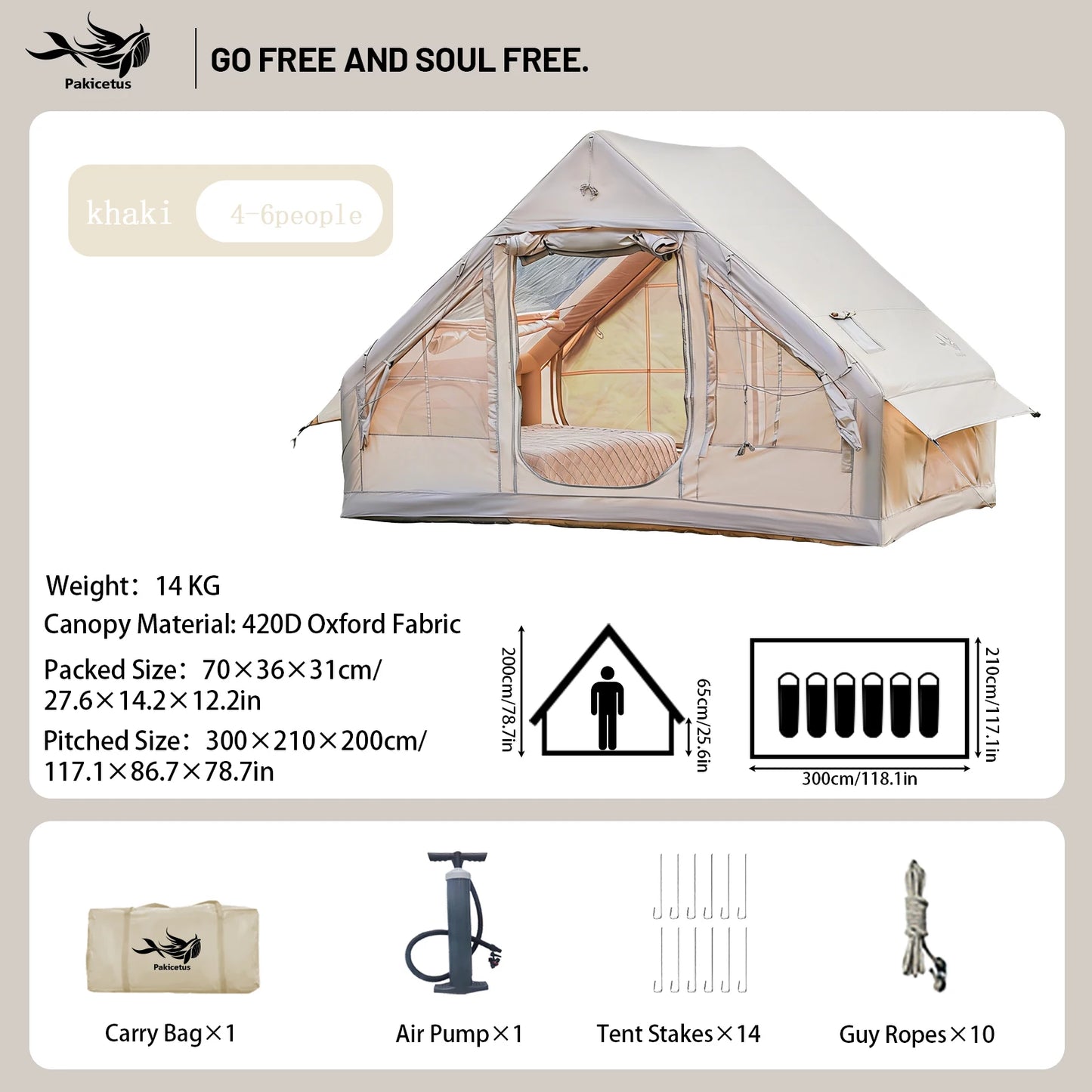 PAKICETUS Inflatable Camping Tent – 4–8 Person All-Season Glamping Shelter with Skylight & Quick 3-Min Setup
