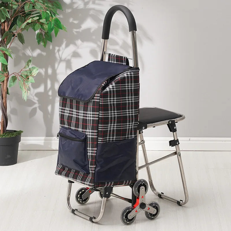 Carrito Plegable de 3 Ruedas con Asiento – Carrito de Compras para Subir Escaleras para Personas Mayores y Uso en Exteriores (Gris, Marrón, Rojo)
