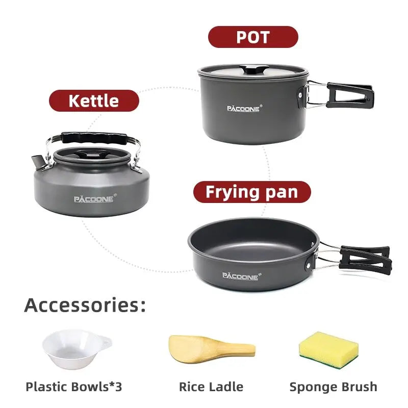 Set de utensilios de cocina portátiles para camping — Olla, sartén, tetera y vajilla para cocinar al aire libre
