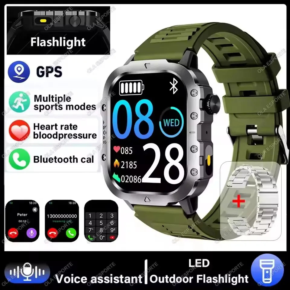 Military GPS Smart Watch – 2.01" AMOLED Bluetooth Call Flashlight 3ATM Waterproof Sports Smartwatch for Men