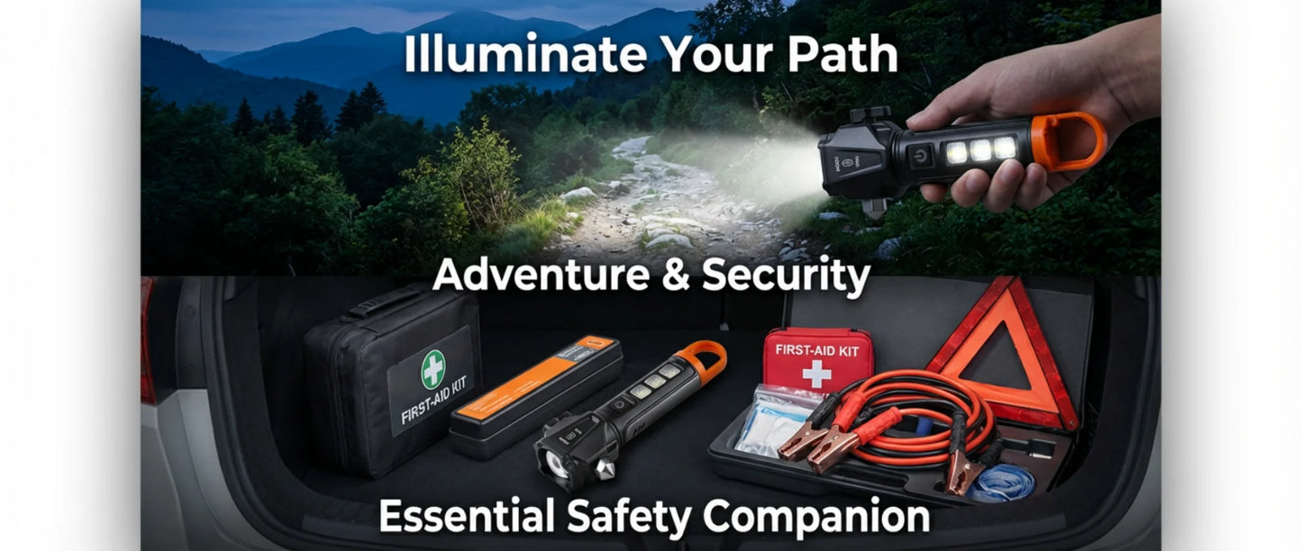 Linterna táctica con zoom – Herramienta de emergencia 5 en 1 con martillo de seguridad, cortador de cinturón de seguridad y carga tipo C