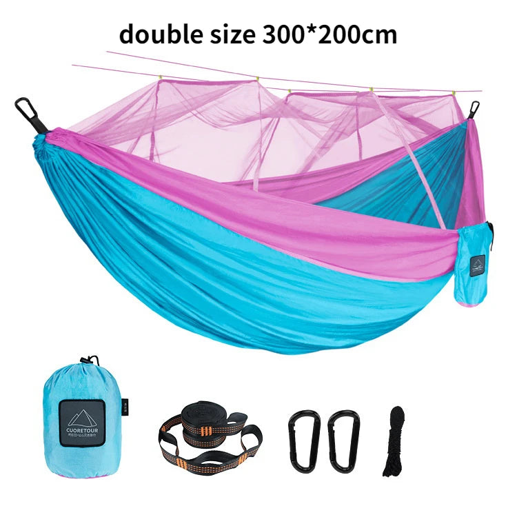 Nylon Camping Hammock with Mosquito Net — Single & Double Size, Portable