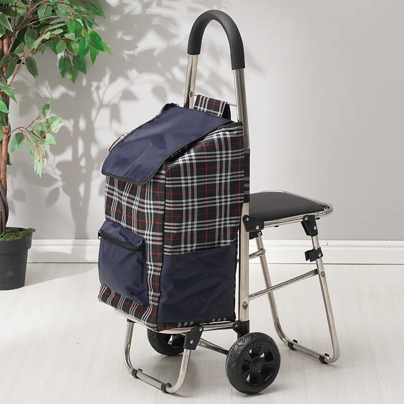Carrito Plegable de 3 Ruedas con Asiento – Carrito de Compras para Subir Escaleras para Personas Mayores y Uso en Exteriores (Gris, Marrón, Rojo)
