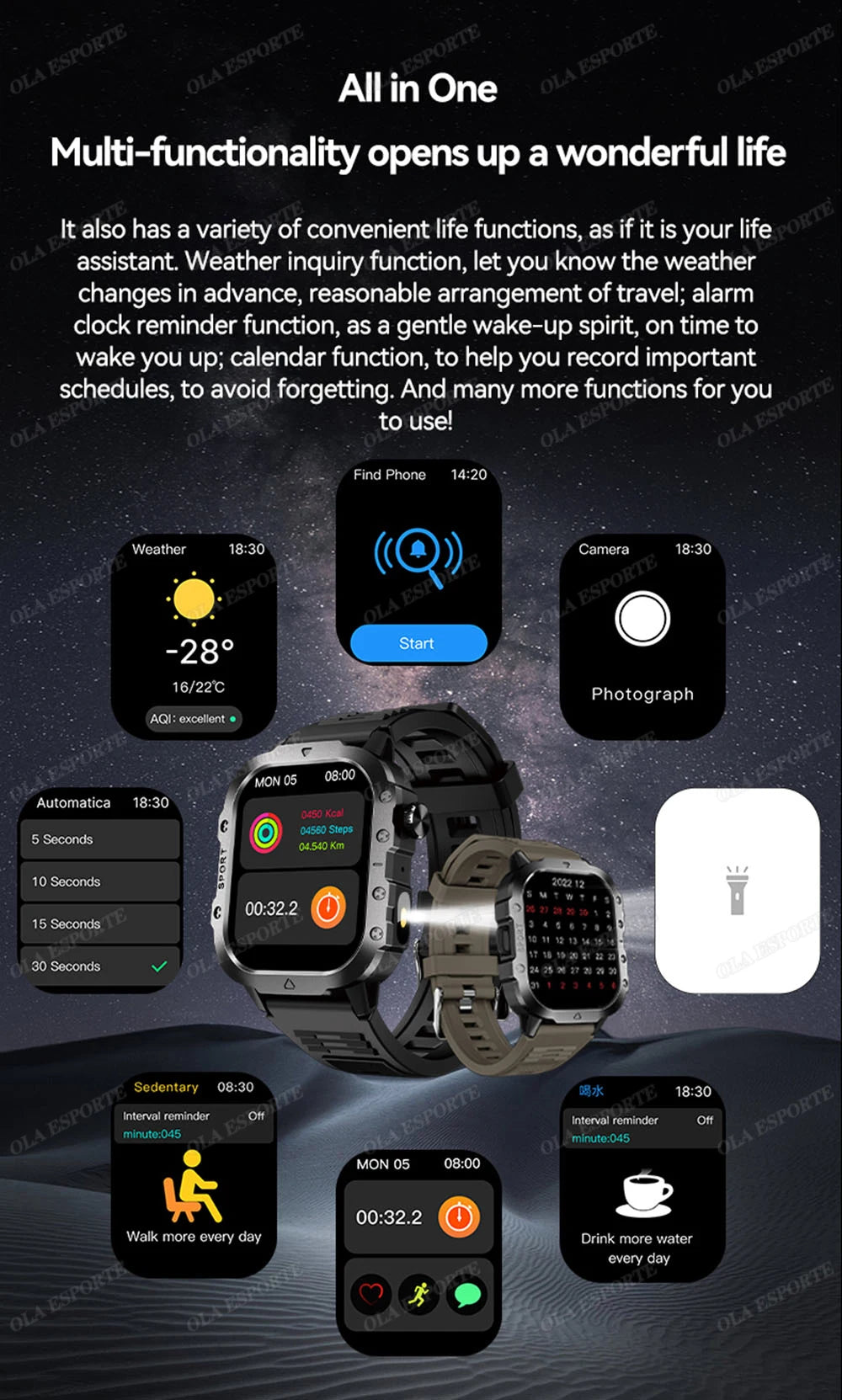 Military GPS Smart Watch – 2.01" AMOLED Bluetooth Call Flashlight 3ATM Waterproof Sports Smartwatch for Men