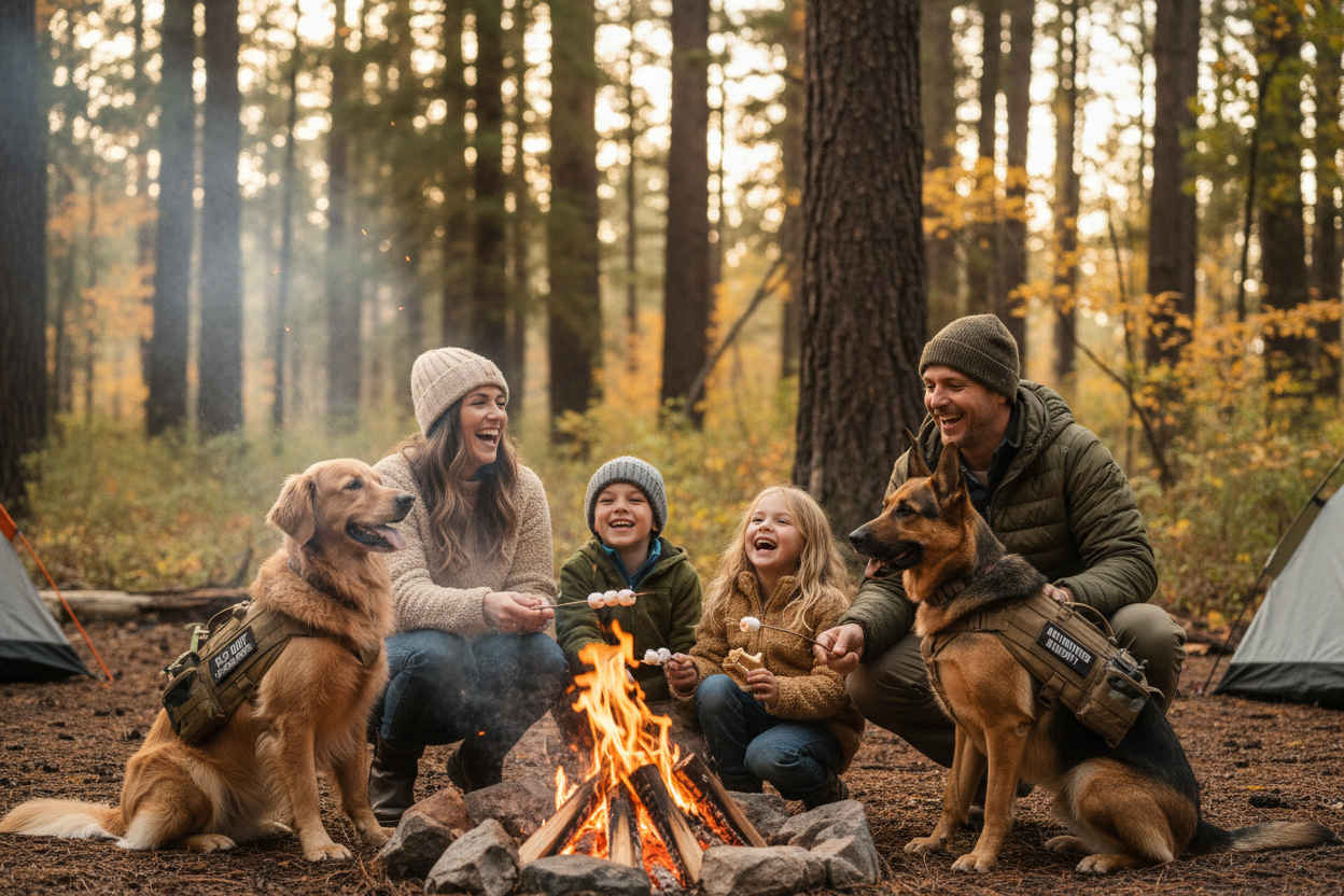 Familia camping con perros tactical vest