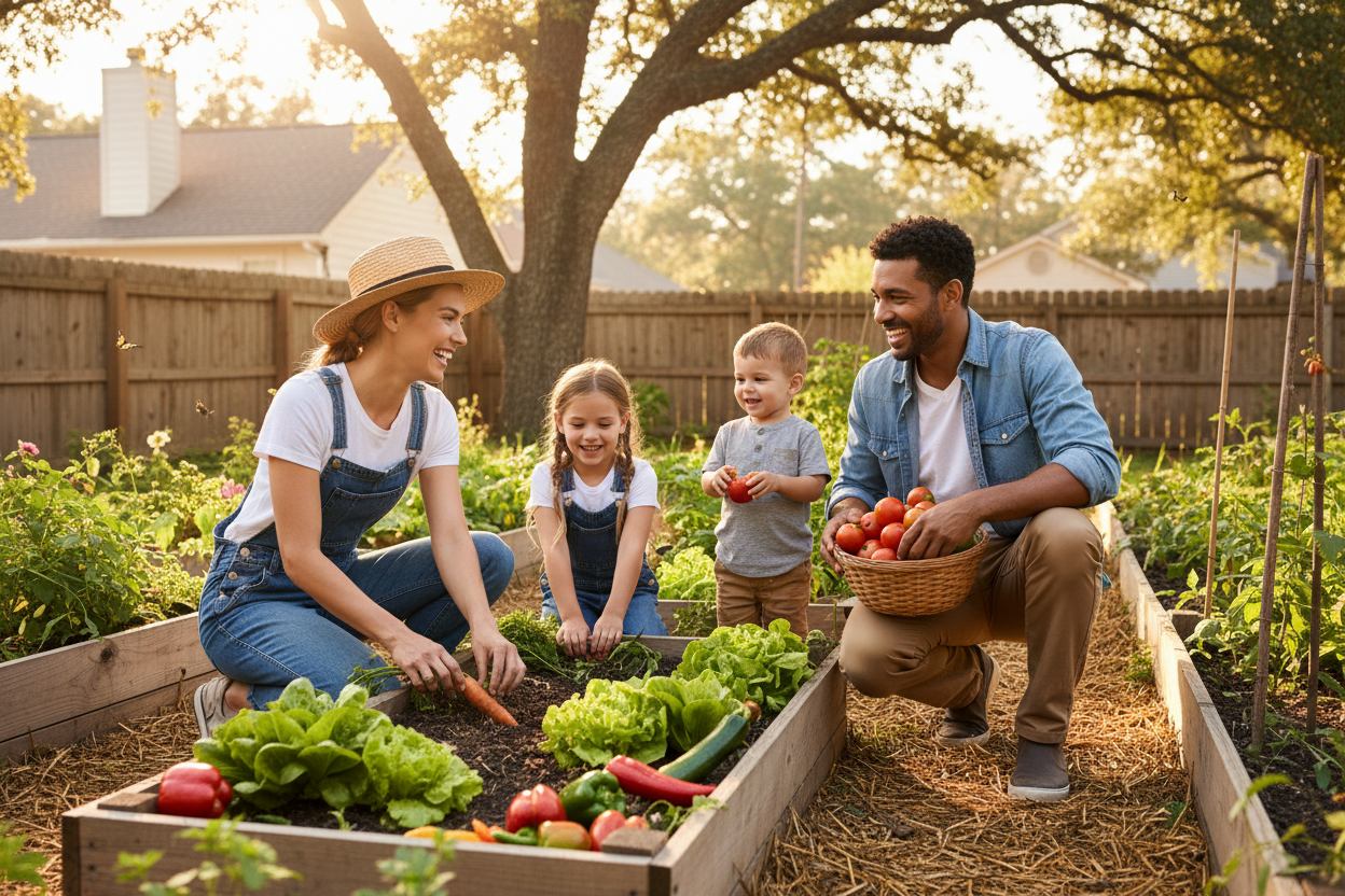 Familia mamá papá e hijos en jardín