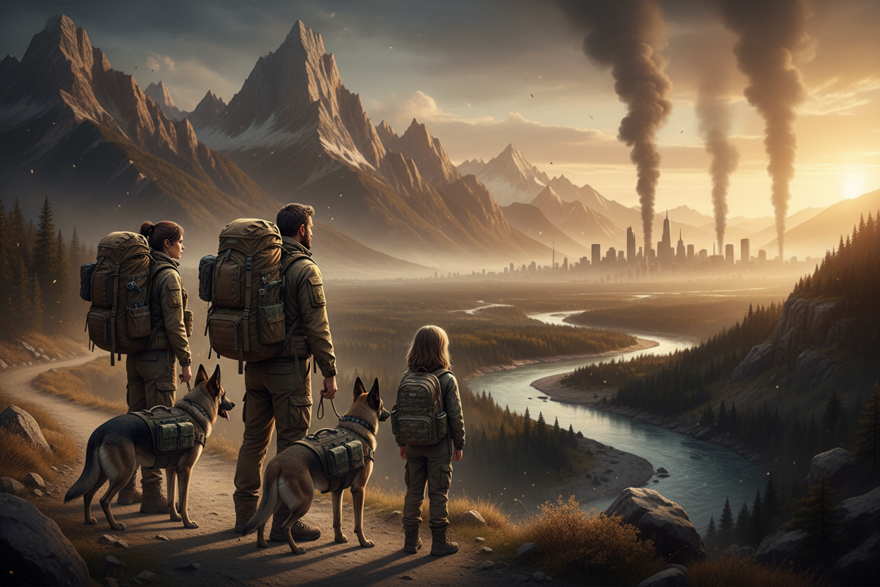 Familia táctica con perros en montaña y ciudad con humo