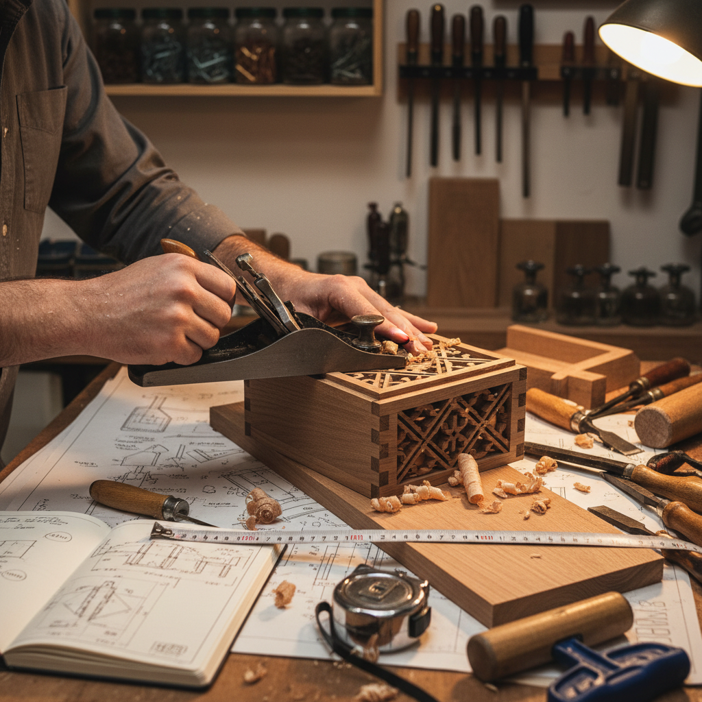 Hands working on woodworking project with blueprints