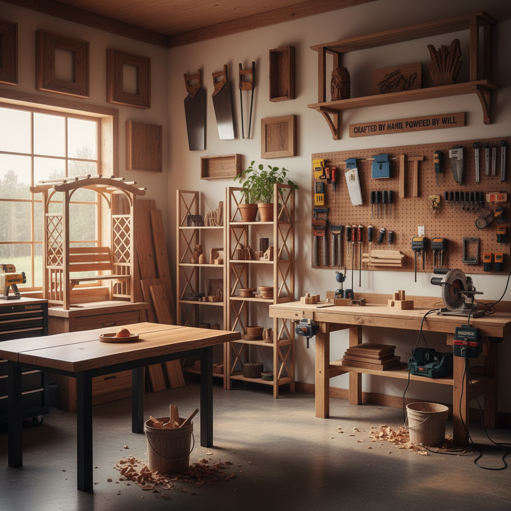 Woodworking workshop with DIY furniture projects